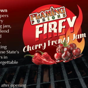 A poster of the flaming fusions cherry frenzy jam.