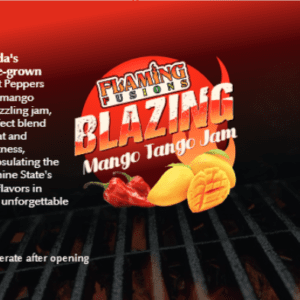 A close up of the blazing mango tango jam logo.