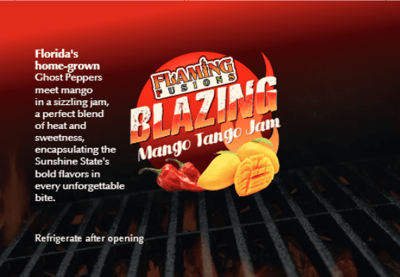 A close up of the blazing mango tango jam logo.